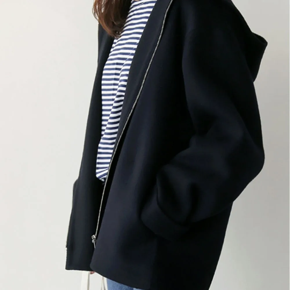 

Japan Style Women Fall Jacket Casual Long Sleeve Windproof Solid Color Loose Hooded Collar Zipper Minimalism Winter Women Jacket