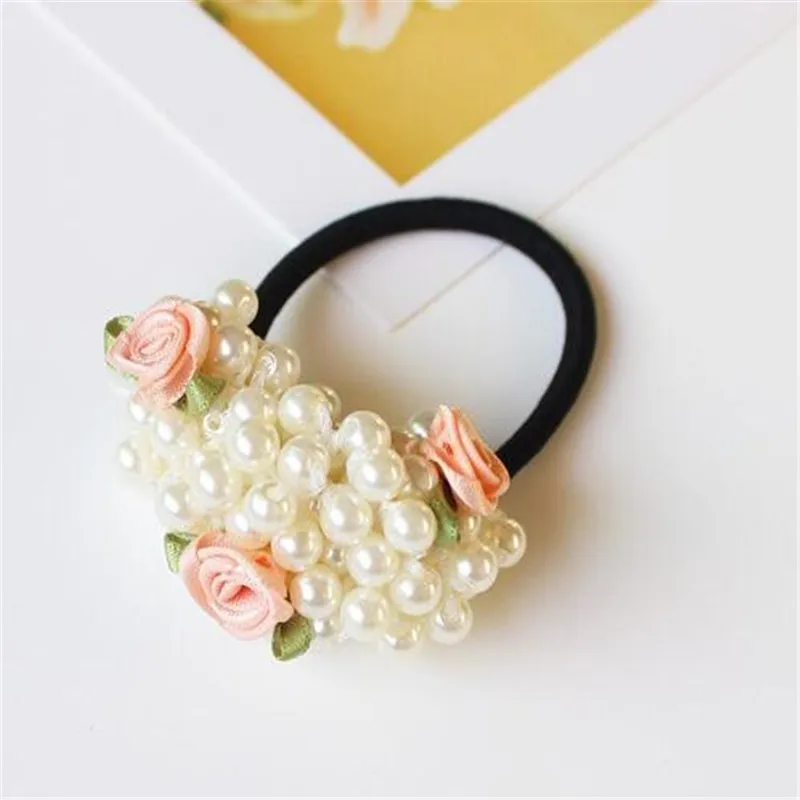 Fashion Women scrunchies flower beaded pearl headband rubber elastic hair bands girls Ponytail Holder accessories |