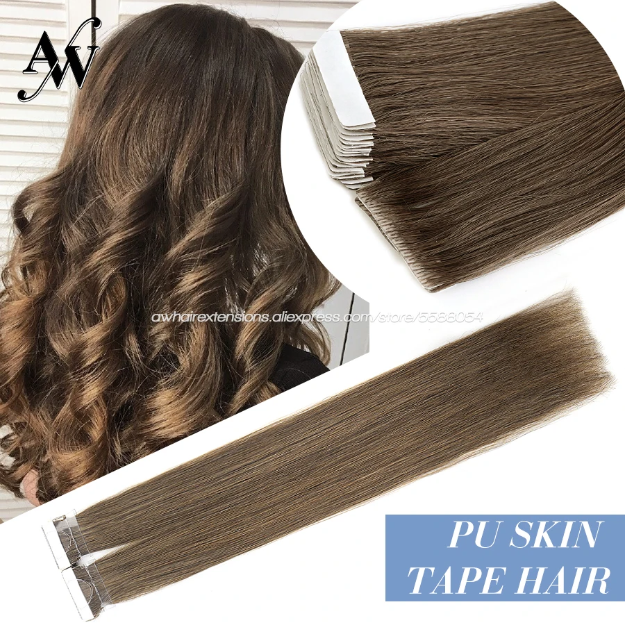 

AW 16'' 20'' 24'' Straight Hand Tied Tape PU SkIn Adhesive Human Hair Extensions Natural Seamless Remy Tape In Hair Extensions