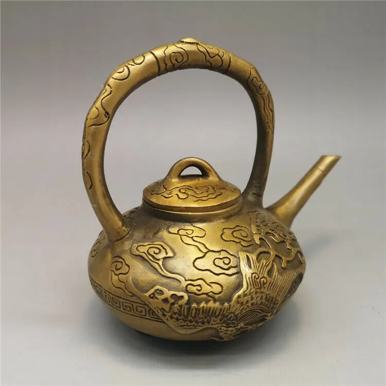 Старинный медный длинный горшок Qianlong с изображением дракона Флагон чайник