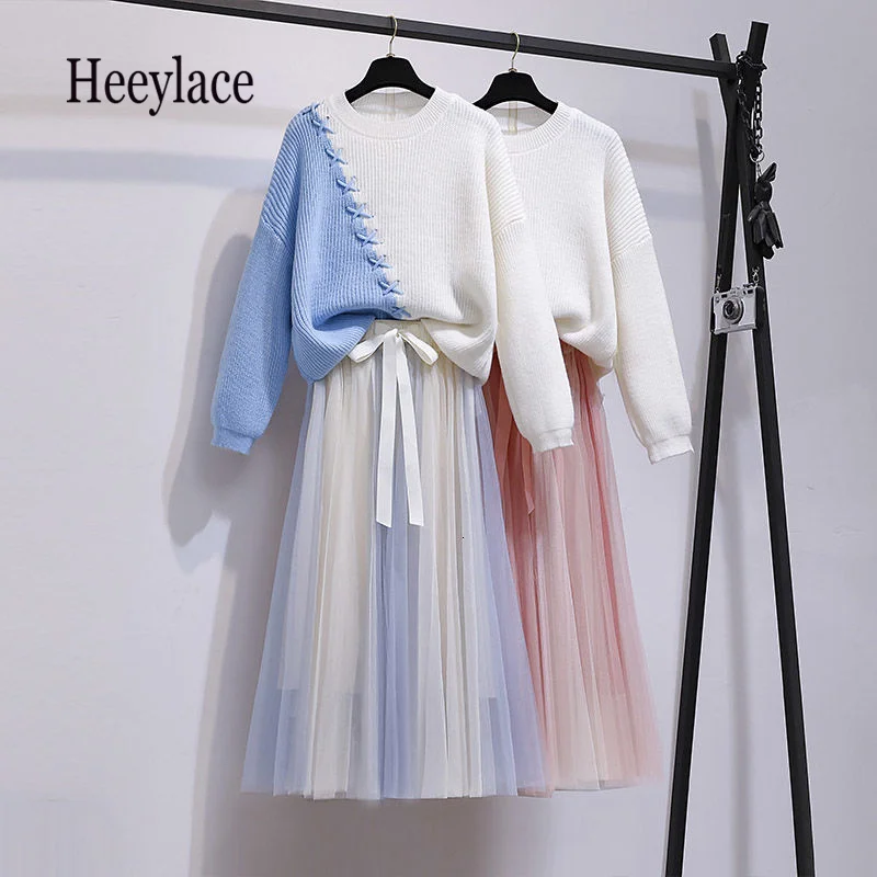 

Женский комплект из 2 предметов, розовый вязаный пуловер с длинным рукавом и юбка в Корейском стиле, Осень-зима