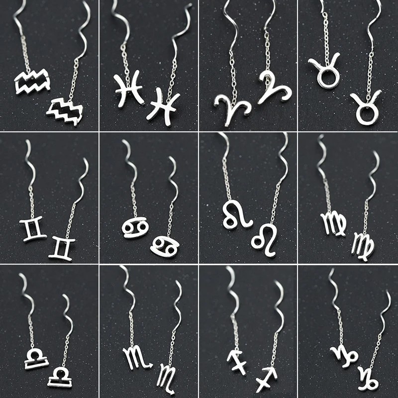 

12 Constellation 925 Sterling Silver Dangle Drop Earrings for Women Virgo Aquarius Wave Ear Line Tassel Jewelry Birthday Gift