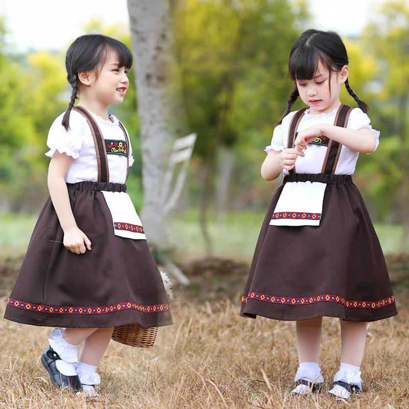 

Girls Cafe Beer Waiter Embroidery Dresses Holiday Kids Halloween Cosplay Costumes Children Party Role Play Dress Up Outfit