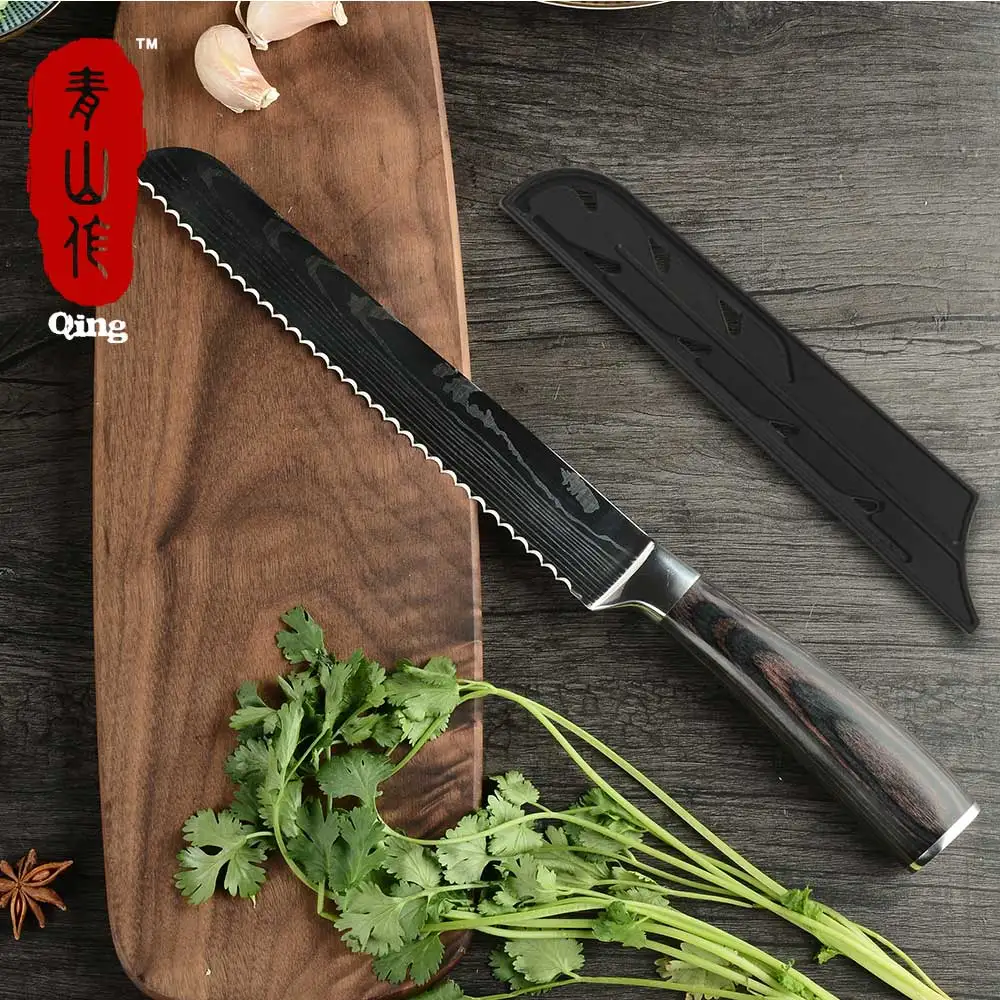 Qing 8 дюймов нож для хлеба лазерный дамасский узор кухонный нож из нержавеющей стали высокого качества выпечка аксессуары с крышкой