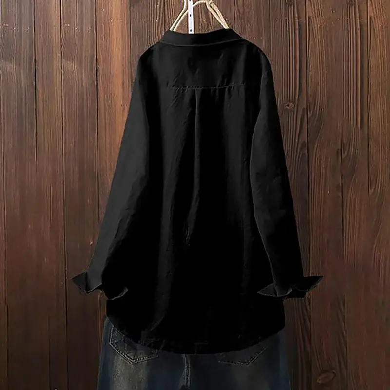 

MISSKY New Spring Autumn Shirt For Women Large Cotton-Flax Irregular V-neck Stitching Casaul Work Long Sleeve Shirts Female Tops