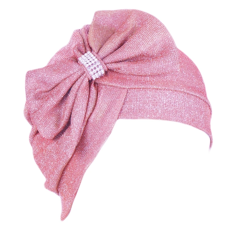 

Women Muslim Hijab Turban Hat Cross Front Forehead Rhinestone Big Bow Bonnet Head Scarf Islamic Ruched Headwrap Cap