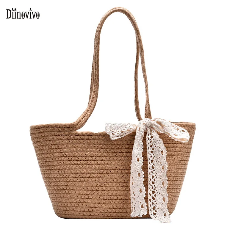 

Diinovivo Summer Bohomian Beach Bag Large Capacity Tote Bags For Ladies Shoulder Bag Straw Solid Color Women Handbags WHDV1816
