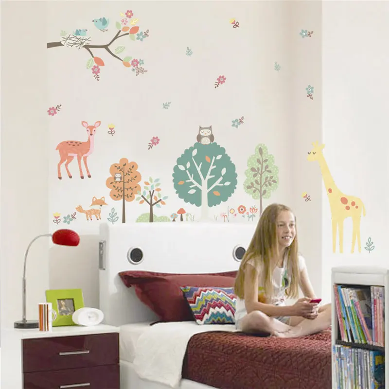 

Cute Animal Trees Wall Sticker For Kindergarten Kids Room Home Decor Cartoon Giraffe Fox Deer Safari Mural Art Pvc Deca