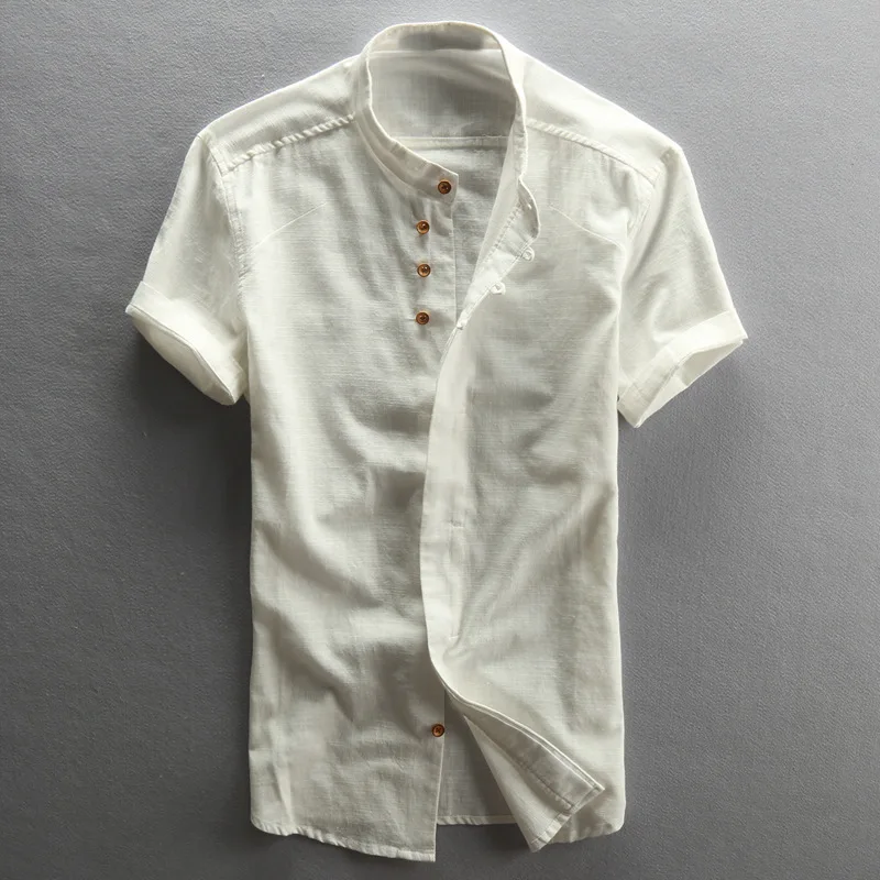Рубашка мужская с воротником-стойкой винтажная тонкая сорочка из хлопка и льна
