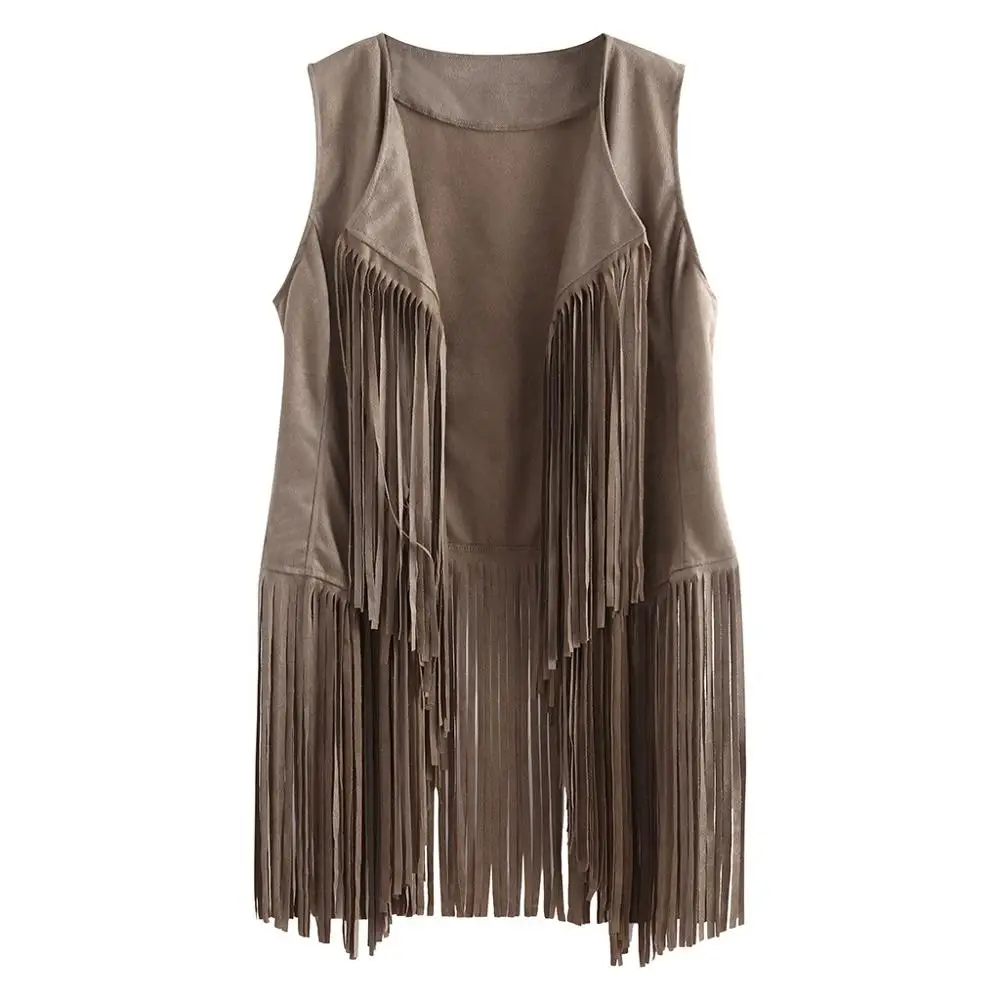 Plus Size Women Autumn Winter Suede Ethnic Sleeveless Tassels Fringed Cardigan Vest 2019 Casual Solid Outwear Jackets 6 Colors | Женская