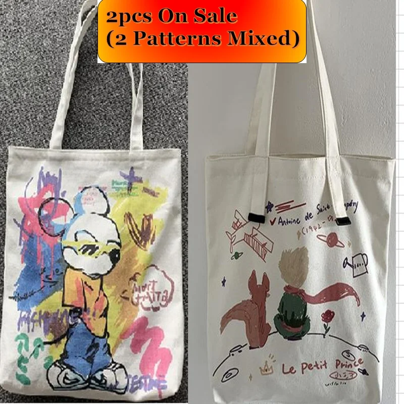 

2pcs On Sale Canvas Bag Fashion Women Shopping Bag Large Capacity Tote Bag Eco Cotton Canvas Bags Cartoon Shopping Bag For Women