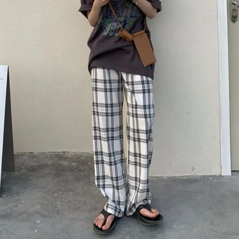 

Plaid pants women's spring and autumn 2021 new Korean version of loose retro casual high waist straight wild wide leg trousers