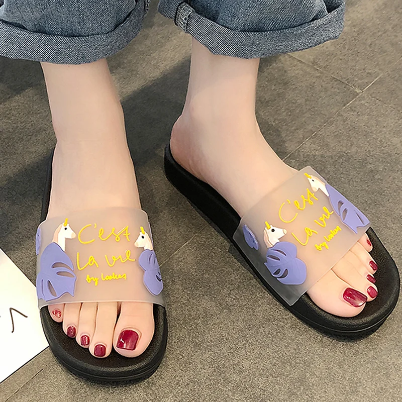 Летние шлепанцы женские тапочки с рисунком единорога Милые Пляжные домашние