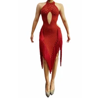 rhinestone latin dance dress women sexy halter red tassel club party dresses mesh see through birthday evening stage costume