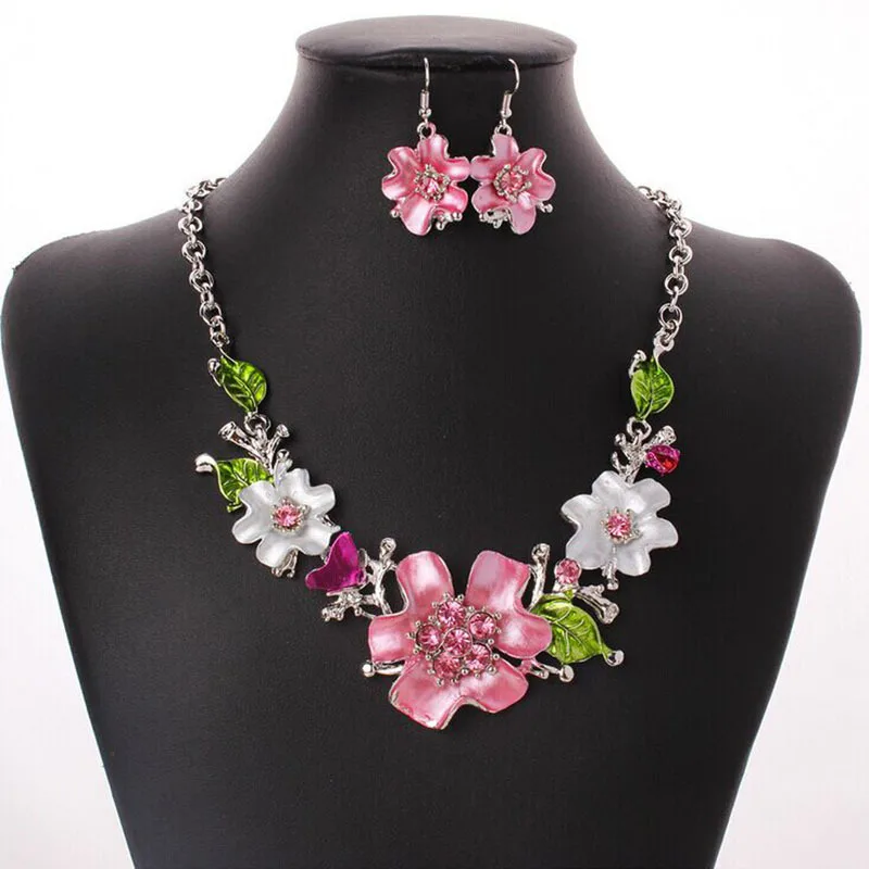 

Fashion Sweet Flower Necklace Earring Set Jewelry Accessories Elegant Statement Necklaces For Women Party