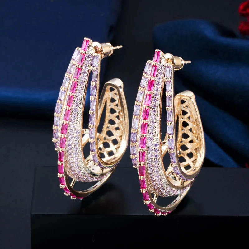 

Luxury Geometric Round Circle Purple Pink Cubic Zirconia Crystal Long Big Statement Hoop Earrings for Women CZ747