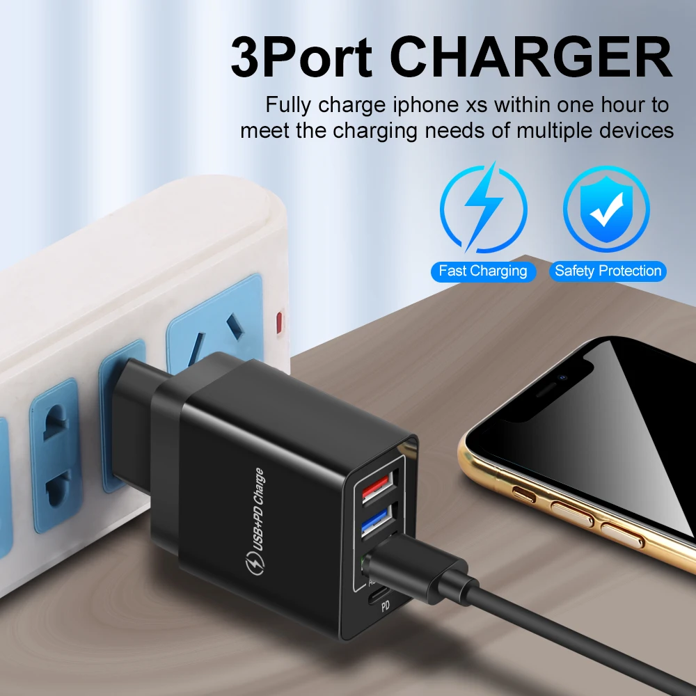 USLION EU US UK Plug USB Зарядное устройство Тип C Быстрая зарядка QC 3 0 Настенная для iPhone 12 11