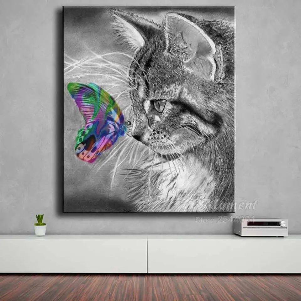 5D DIY Алмазная картина кошка Кристалл Алмазная вышивка крестиком серый Кот и цветная бабочка Рукоделие украшение дома ASF648