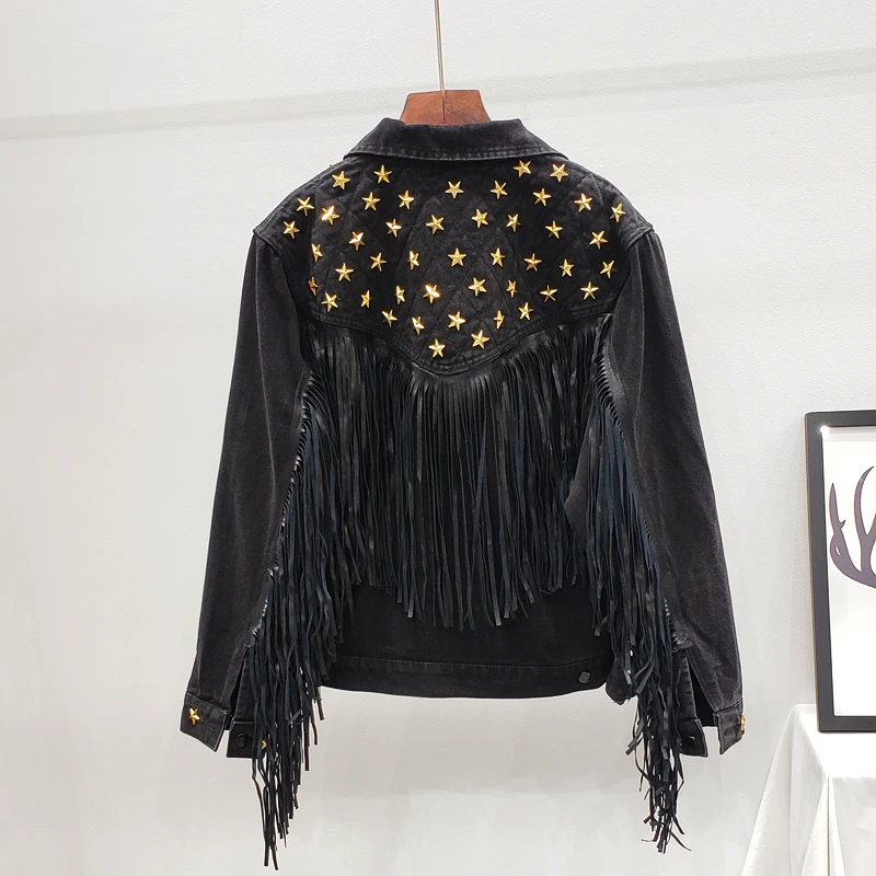 

Spring Autumn Denim Jacket Women Vintage Clothes Fashion Five Angle Star Rivet Tassel Loose Jeans Coat Female Streetwear G1168