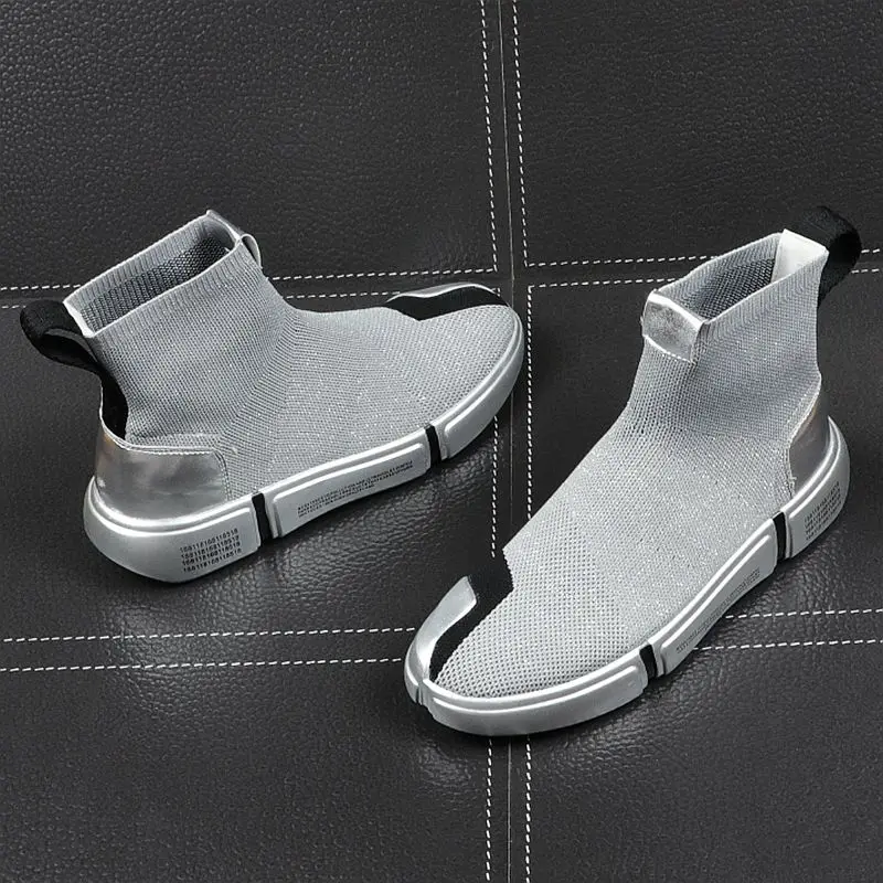 Мужские сетчатые кроссовки черные дышащие с высоким верхом на толстой подошве