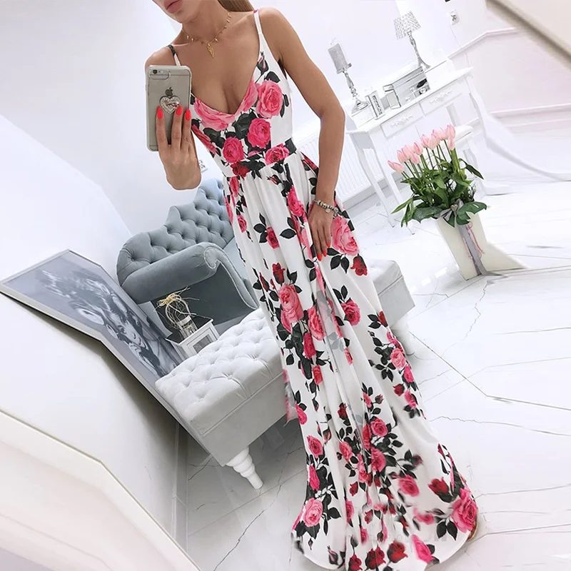 

Casual Retro Leopard Floral Print Long Party Dress Women 2021 Summer V Neck Split Maxi Dress Ladies Sleeveless Loose Beach Dress