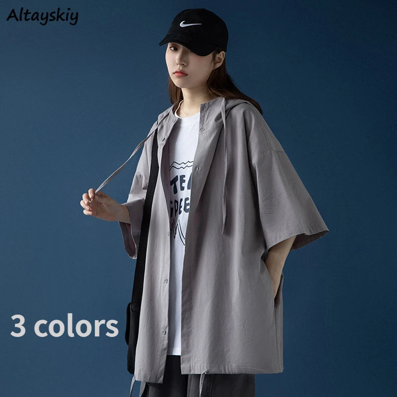 

Basic Jackets Women Solid Loose Minimalist Summer Hooded Harajuku Japan Style Streetwear College Chic 3 Colors Leisure Outwear