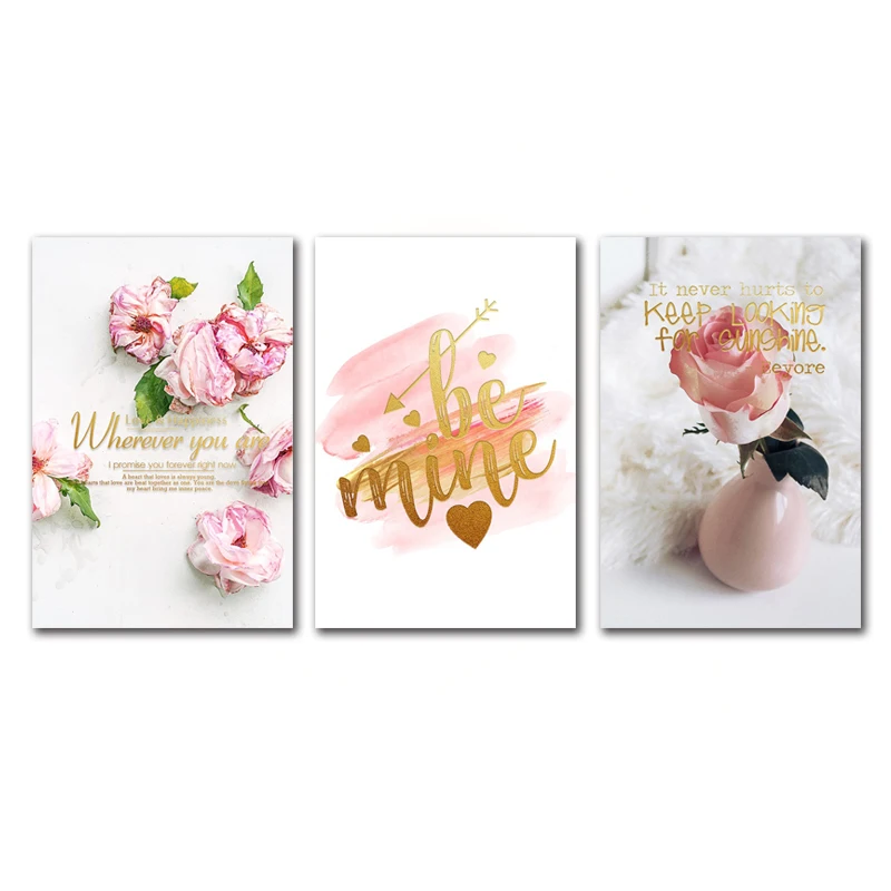 

Nordic Style Pink Flower Wall Painting Minimalist Pink Rose Gold Letters Light Luxury Home Frameless Printing Decoration Poster