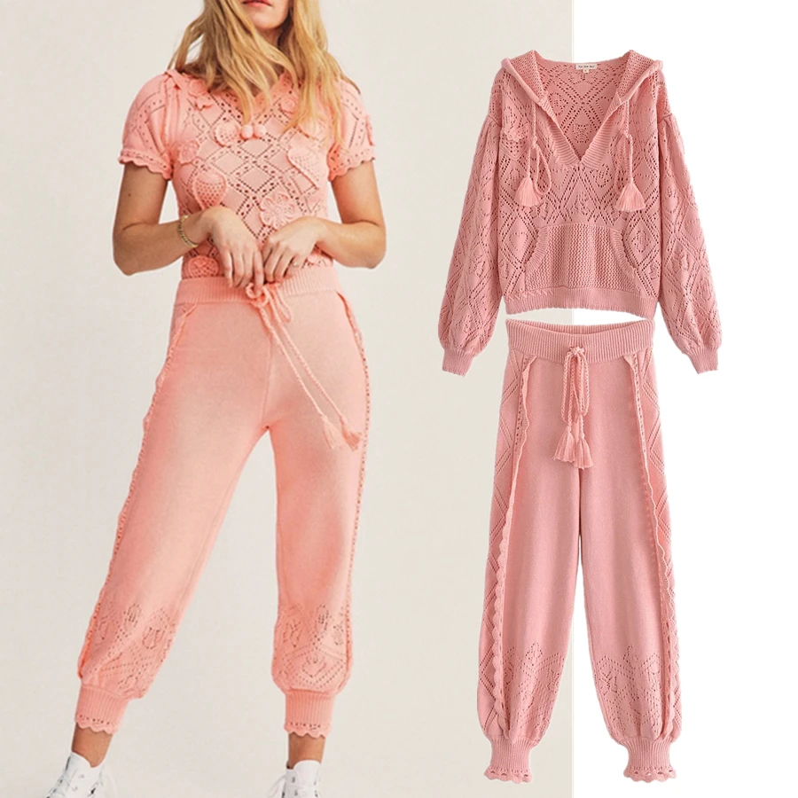 

Jenny&Dave Women Pullovers Ruffles Indie Folk Vintage Fashion Hollow Out Embroidery Hooded Sweatshirts Knitted Harem Pants Sets