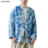 tie dye men chinese style kimono jacket frog closure 2021 spring cotton linen cardigan long sleeves male thin coat loose fit