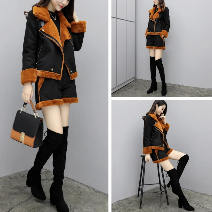 Замшевая куртка из искусственной кожи ягненка и шорты Женский комплект двух