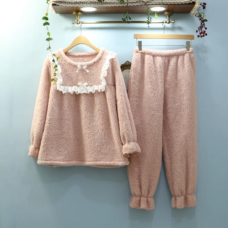 SP&ampCITY милые розовые кружевные женские теплые пижамы толстая Пижама зимняя