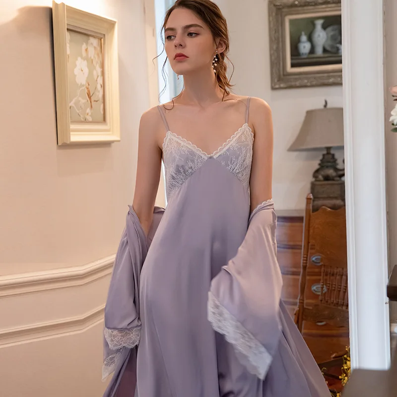 

Sexy sling skirt lace double silk pajamas homewear two-piece lingerie set with robe