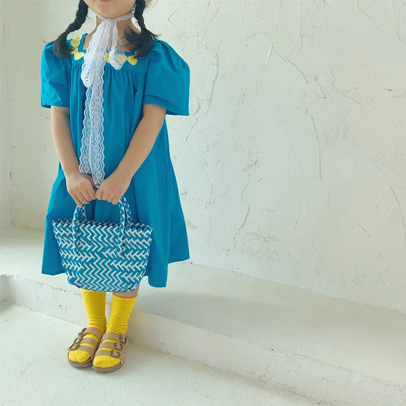 

Korean style vintage little girl Embroidered dress 2021 new summer blue green children casual short sleeve dress 2 to 8 years