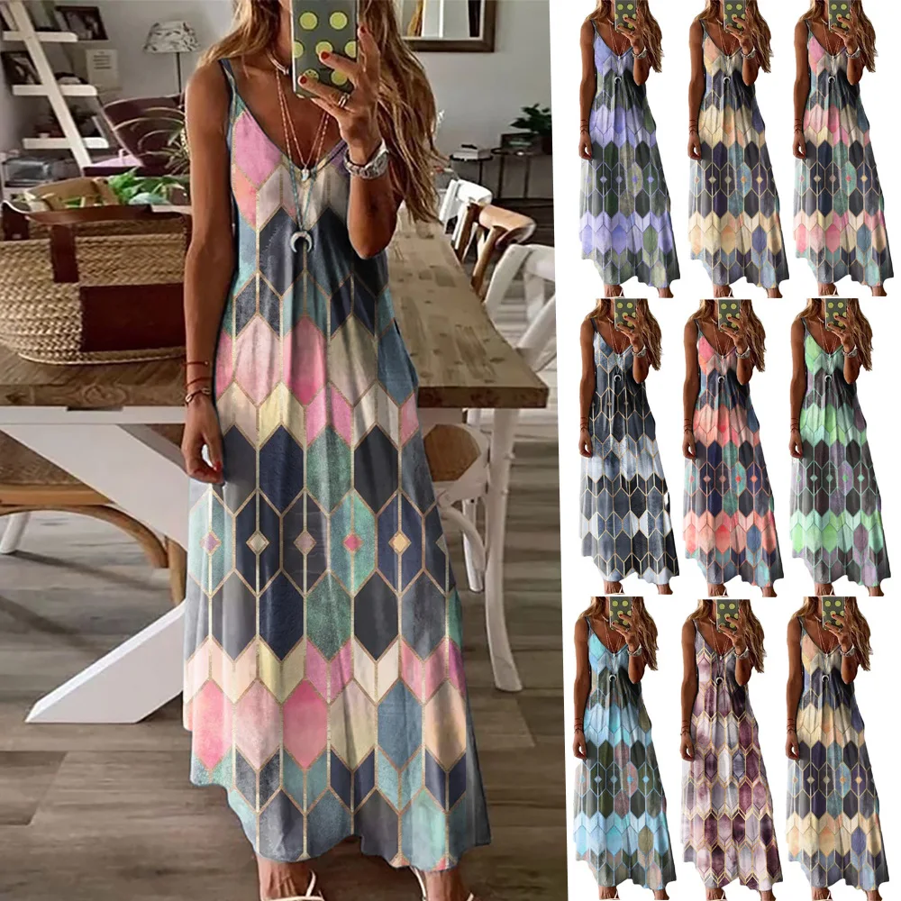 

Women Dress 2021 Women's Summer Casual Printing Strap Vest Dress Long Skirt Cotton Office Lady Dresses Women