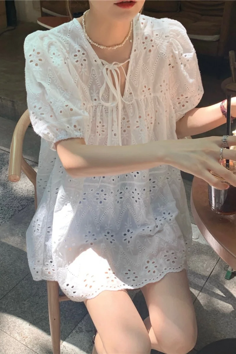 Женское кружевное платье-рубашка белое тонкое свободное платье во французском