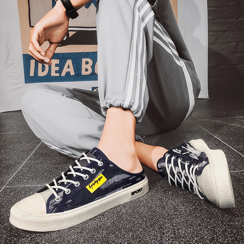 

New Trend Mens Casual Canvas Shoes Sky Blue Young Casual Men Shoes Half Drag Canvas Men Walking Footwear Cheap Half Slippers Man
