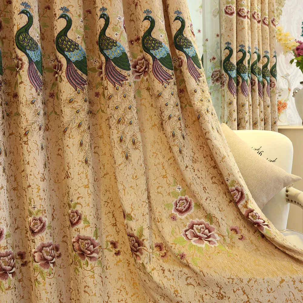 Европейские шенильные плотные вышитые павлиньи занавески для спальни