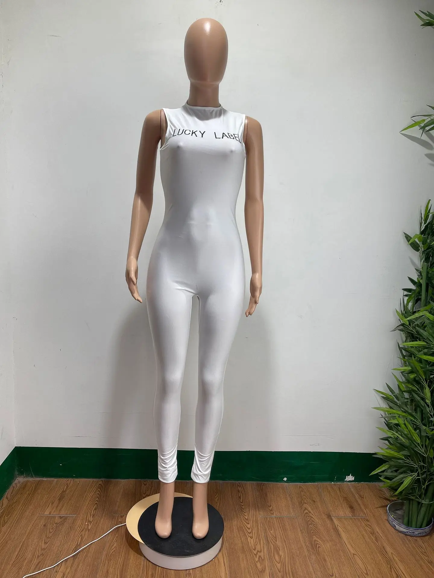

Lucky Lable Letter Print Solid Jumpsuit Women Casual Sporty O Neck Sleeveless Leggings Bodycon Workout Romper Jumpsuit Overalls