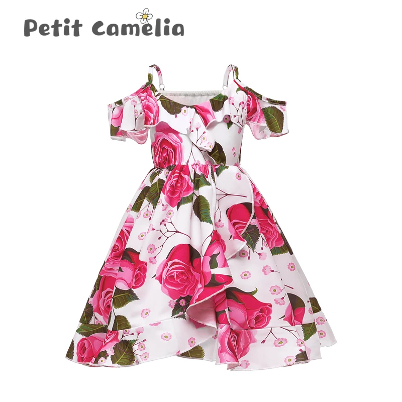 Детское платье принцессы на бретельках шифоновое с открытыми плечами и принтом