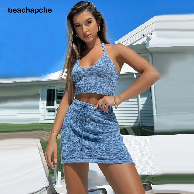 

Beachapche 2021 Beach Style Tops and Skirt Set for Women Knitting Cotton Halter Sexy Backless Mini Dresses Bodycon Skinny Sleeve
