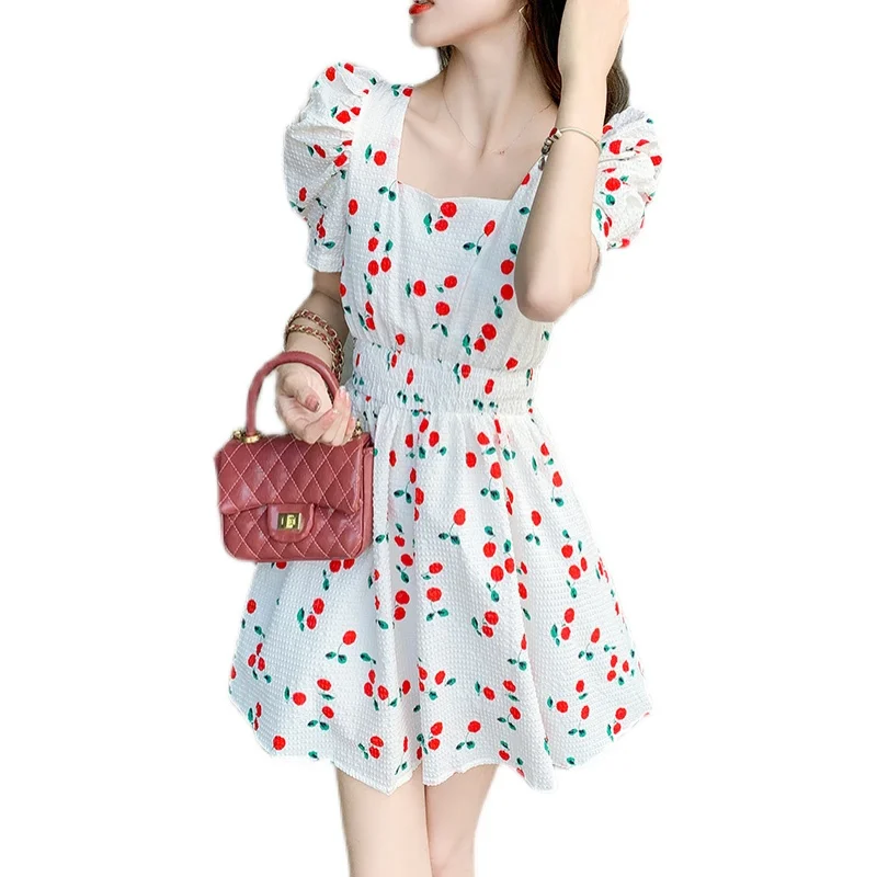 

COIGARSAM Women one-piece dress korean Summer Puff Sleeve Square Collar Dresses Black White 3536