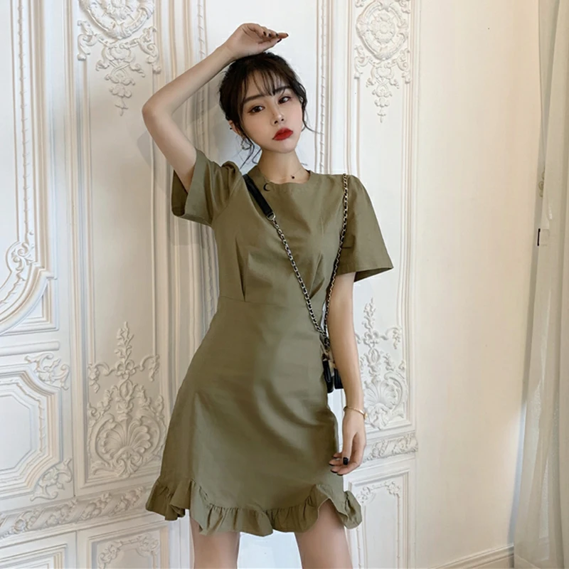 

O-neck Short Sleeve Solid Ruffles Sweet Dress Summer Fashion Brand Korean Style Women Clothing Vestidos Faldas Mujer Moda