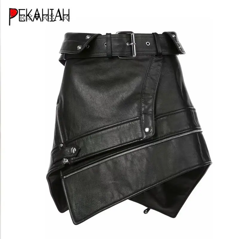 Сексуальная Асимметричная меховая кожаная юбка Женская молния панк Рок пояс