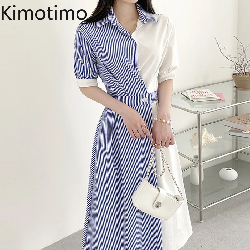 

Kimotimo Dress Woman 2021 Korean Style Chic Elegant Contrast Color Stripe Stitching One Button Waist Slim Vestidos Femme