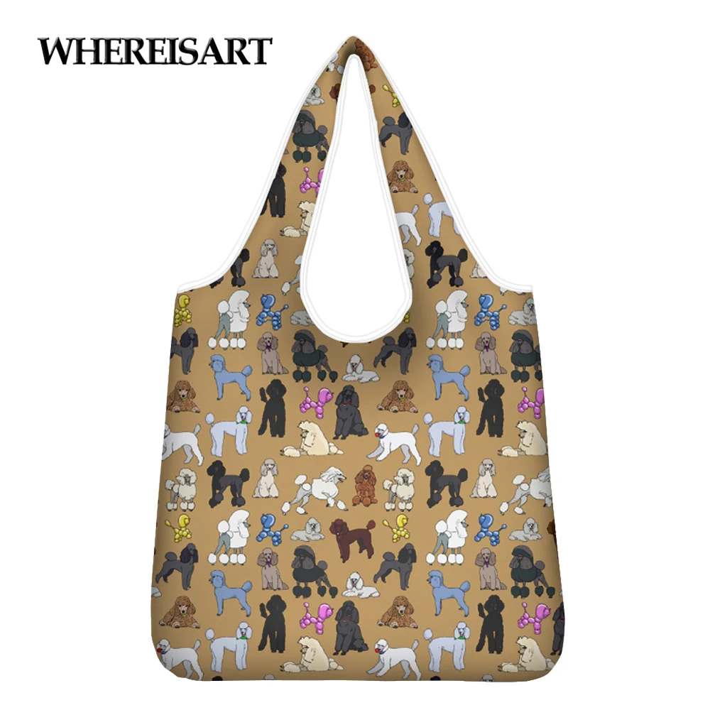 

WHEREISART Foldable Poodle Print Shopping Bag Eco-friendly Folding Reusable Portable Shoulder Handbag for Travel Grocery Bags