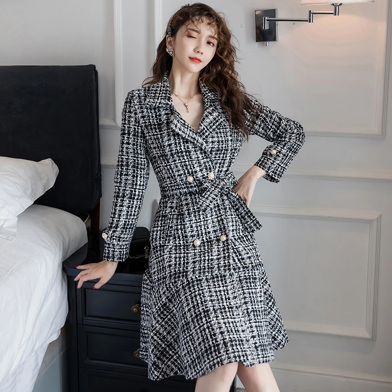 Black Autumn Winter Pink Plaid Tweed Wool Long Coat Women Notched Double Dreasted Sashes Ruffles Woolen Overcoat Mermaid Outerwear - Color: Black