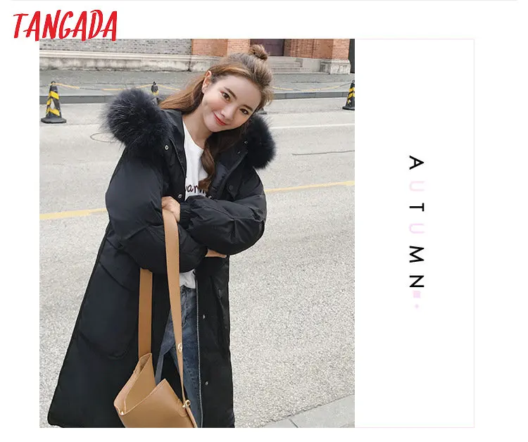 Tangada зимнее женское черное пальто с хлопковой подкладкой размера плюс 2XL длинная парка с меховым воротником пальто с капюшоном теплая верхняя одежда AMK11