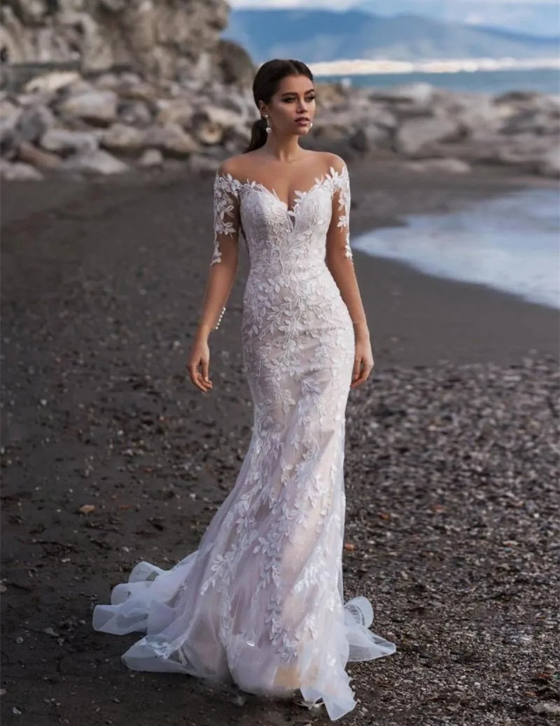 Vestido Novia белое свадебное платье русалки цвета слоновой кости с длинным рукавом и кружевной аппликацией Свадебные платья на заказ для невесты пляжные свадебные платья