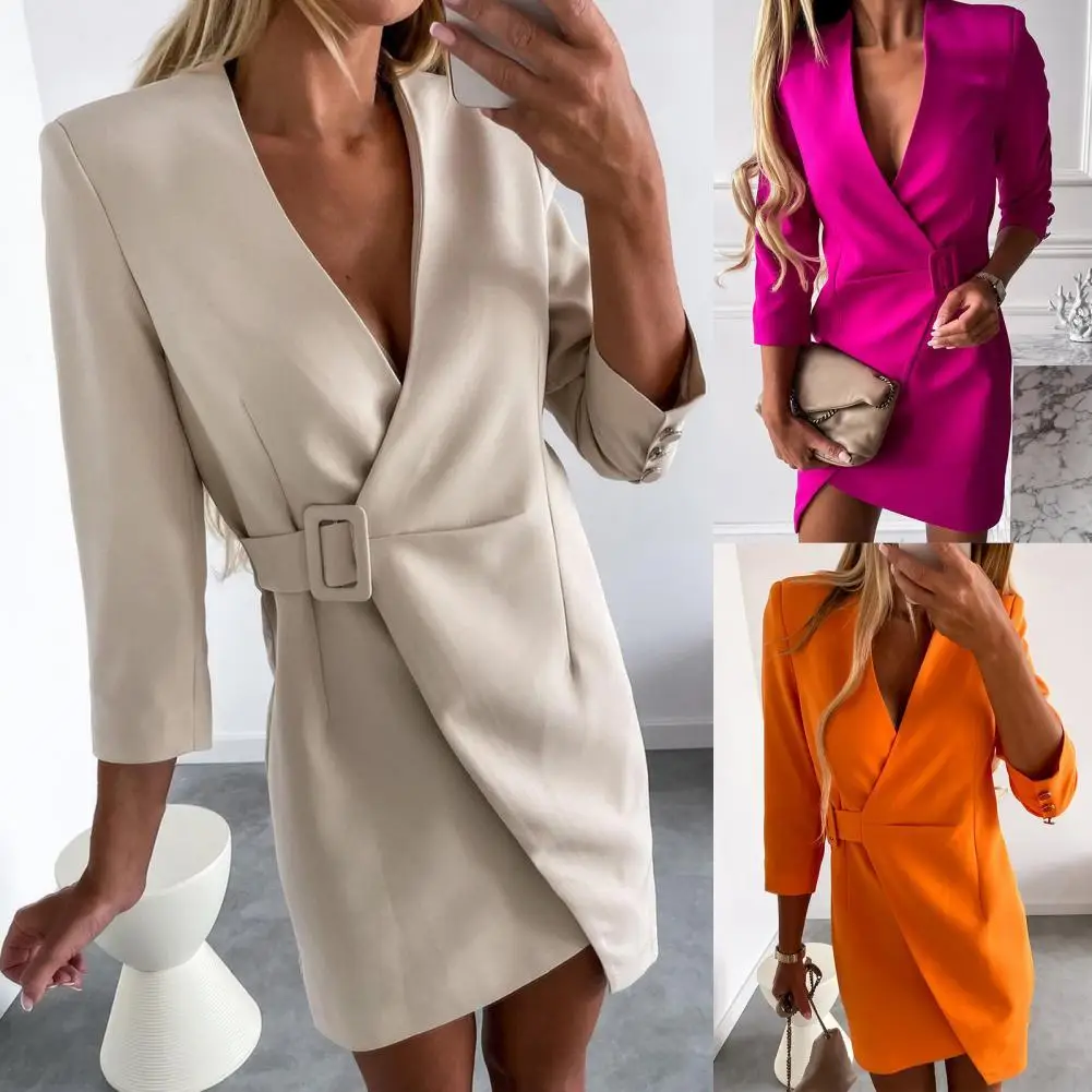 

Elegant V Neck Side Belt Office Lady Suit Dress Autumn Long Sleeve Party Dress Casual Solid Blazer Mini Waist Women Dresses 2021