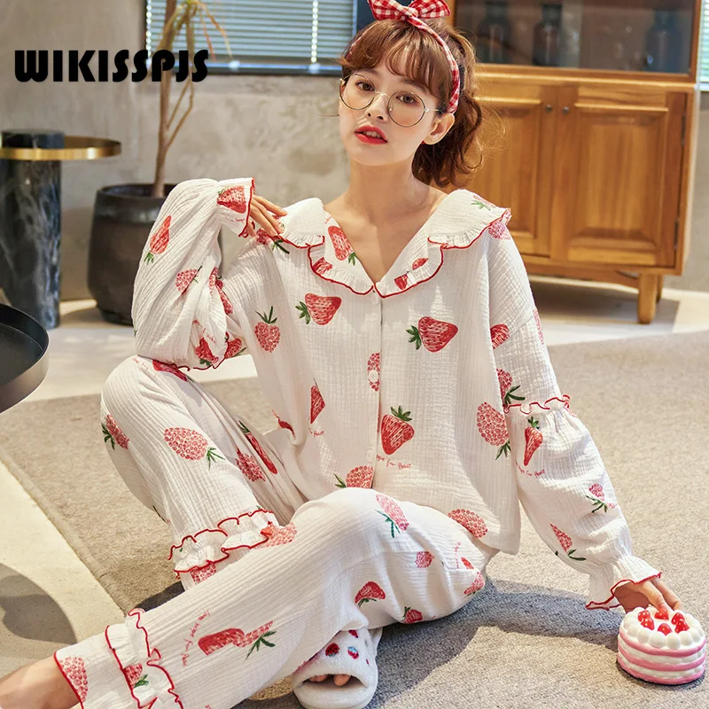 

Осенний женский хлопковый кардиган WIKISSPJS, брюки с длинным рукавом, пижама из двух предметов, одежда для сна, топы для сна, комплект для спальни